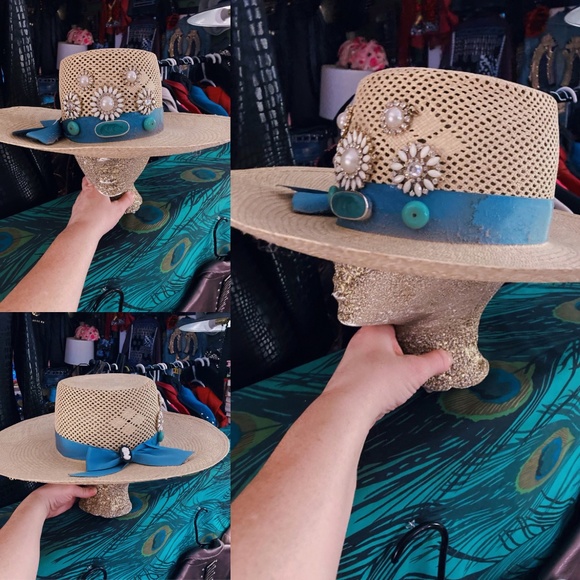 Customed Blue Ribbon Jeweled Straw Hat